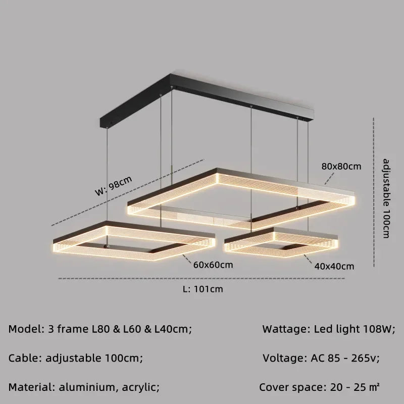 Nordic Black Square LED Chandelier: Dimmable Modern Lighting for Living Room, Bedroom