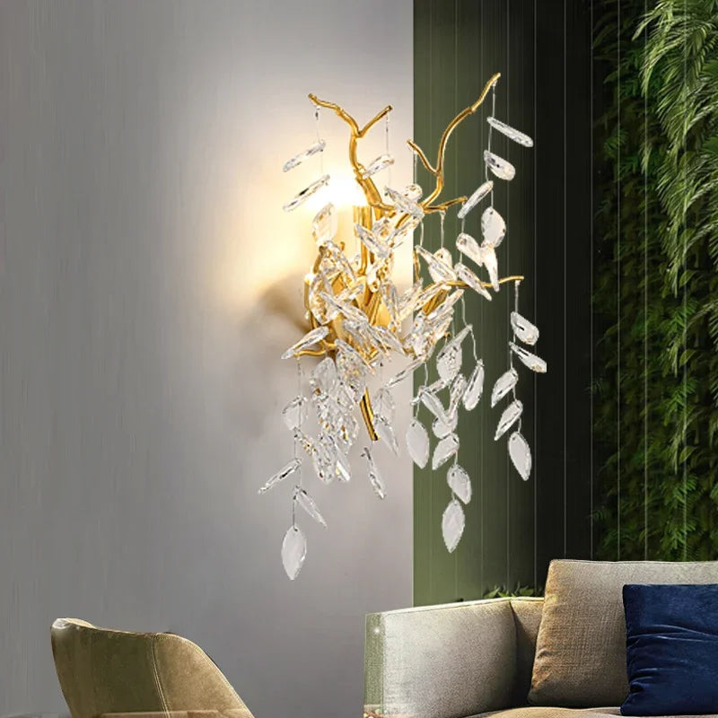 Crystal Branch Chandelier LED Pendant Lamps Elegant Villa Living Room Gold Decor