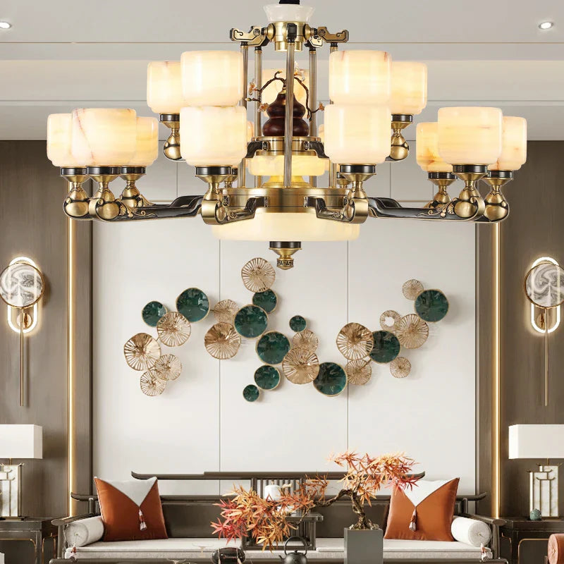 Luxe  Multi-storey Jade Chandelier for Elegant Chinese Villa Duplex Living Rooms