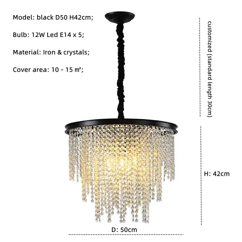 Retro E14 LED Pendant Lights in Black/Gold Finish - Elegant Crystal Suspension Lamp
