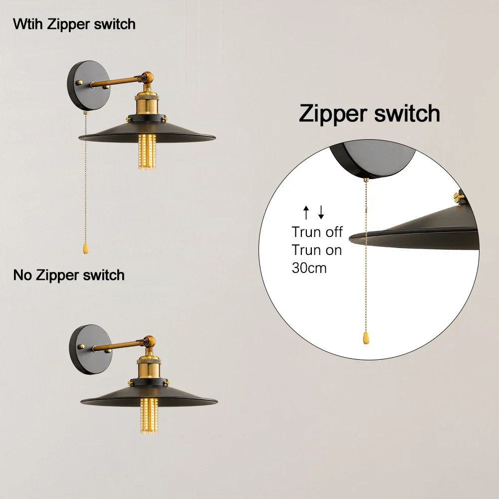 Vintage Industrial Wall Sconce with Switch, Black Wall Lamp for Loft Bedroom