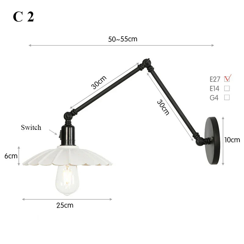 Retro Long Arm Bedside Wall Lamp with Switch - Black