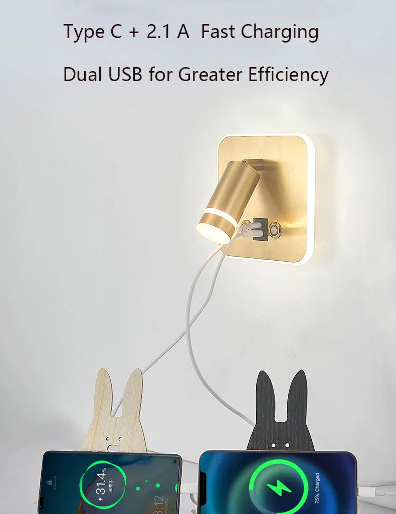 LED Wall Sconce Lamp Touch Switch USB Bedside Reading Light Tri-color Diammable