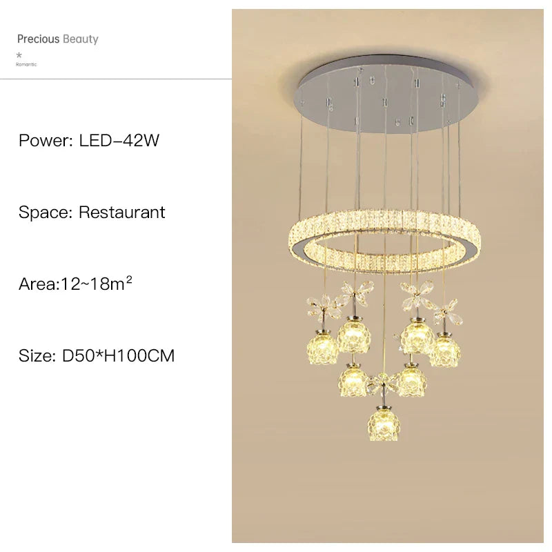 Crystal Petal Ceiling Chandelier: Modern Round Chrome Hanging Light for Home Decor