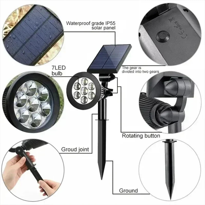 Solar 7LED Spotlight - Adjustable, In-Ground, Waterproof Outdoor Wall Light