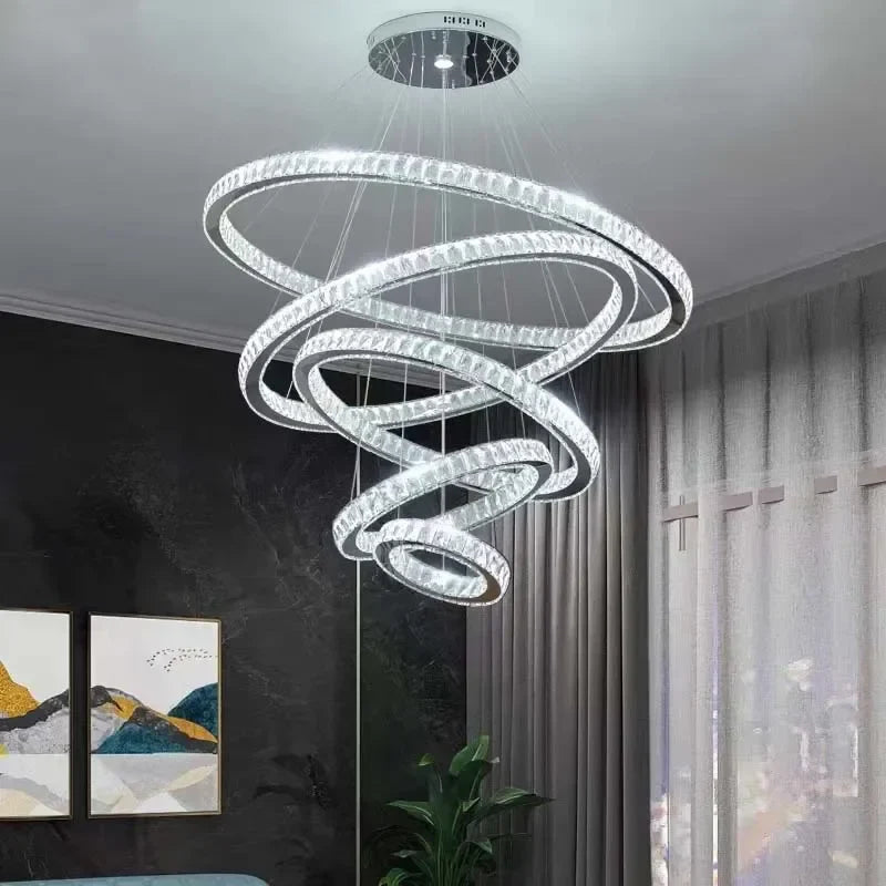Gold Rings LED Chandelier: Modern Long Villa Staircase Pendant Lighting Fixtures