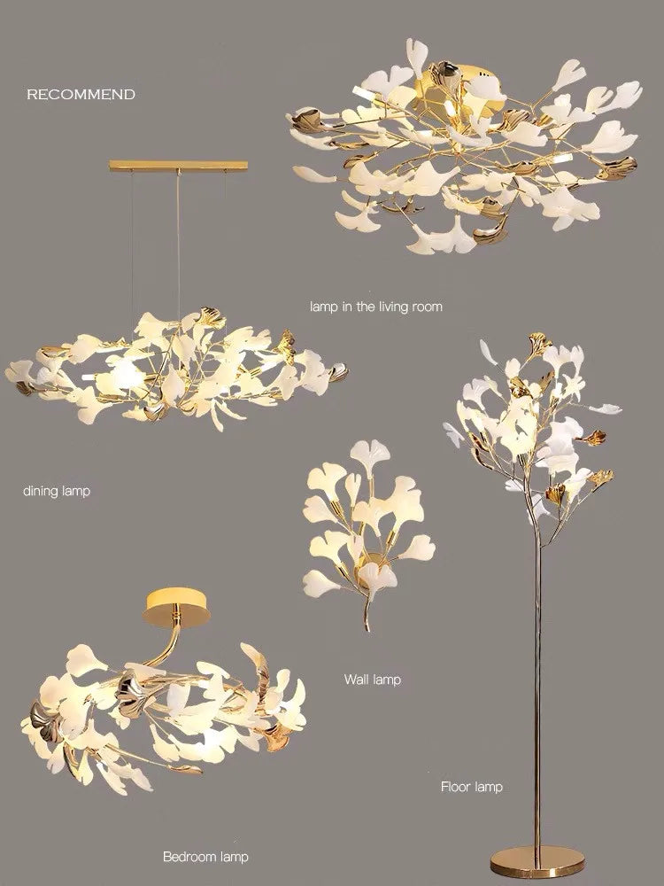 Gold Branches Chandelier with Porcelain Leaves Pendant Light - Luxury Living room Decor