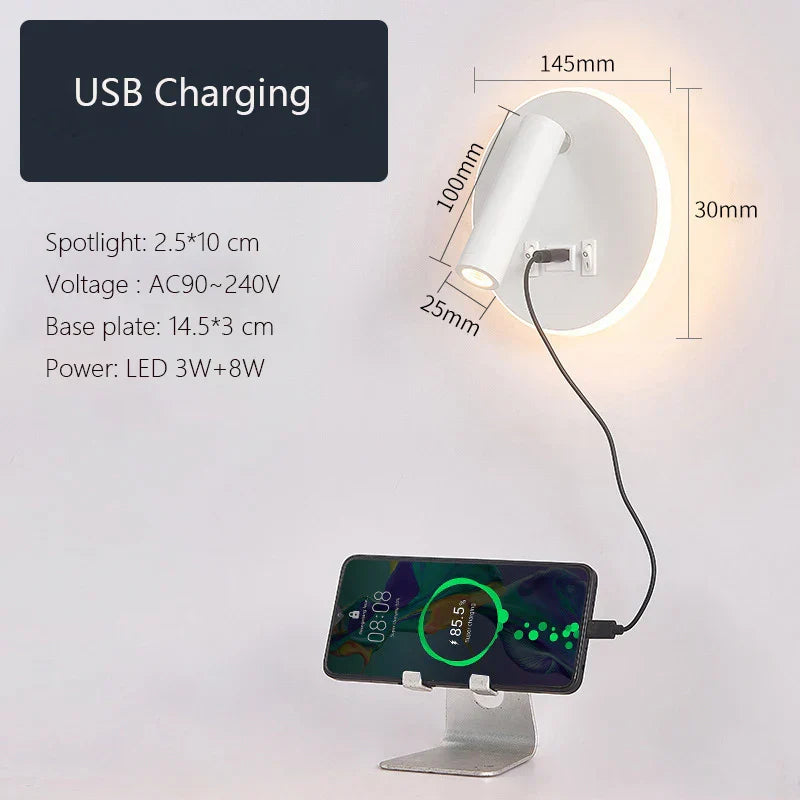 LED Wall Lamp USB Charging Bedroom Hotel Bedside Reading Sconce Switch