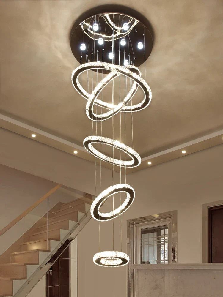 Chrome Rings Crystal Chandelier: Modern Luxury Staircase Lighting for Villa Lobby Fixtures