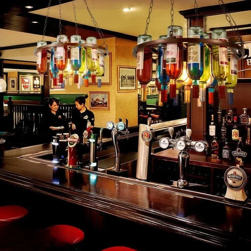 Industrial Metal Wine Bottle Chandelier for Coffee Shop Bar LED Decor