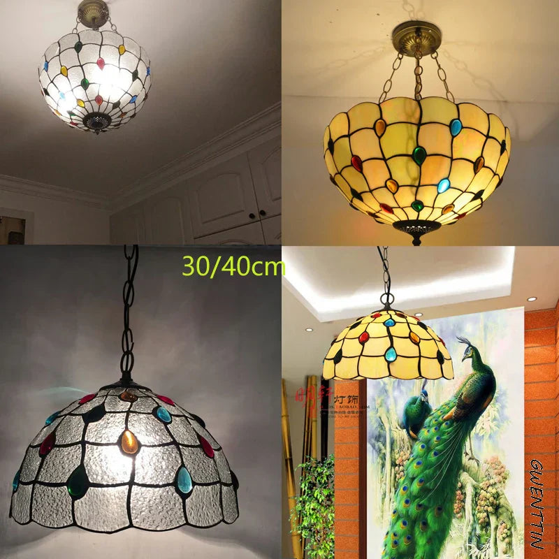 Stained Glass Pteris Pendant Light Chandelier for Dining Room and Bedroom