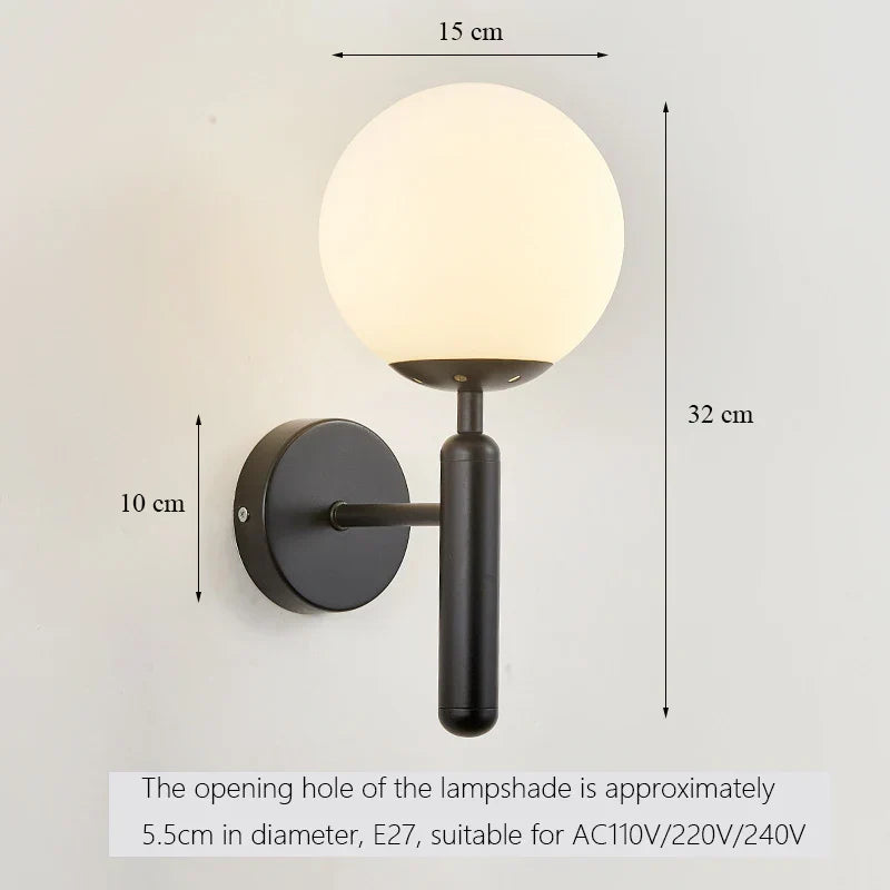 Round LED Glass Wall Lamp Scandinavian Bedside Reading Light E27