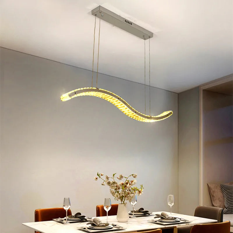 Modern Crystal Chandelier: Stainless Steel Long Strip Hanging Lamp for Kitchen and Dining