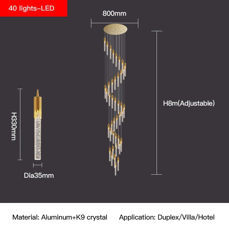 Crystal Staircase Chandelier: Modern Loft Hanging Lamps with Gold Finish