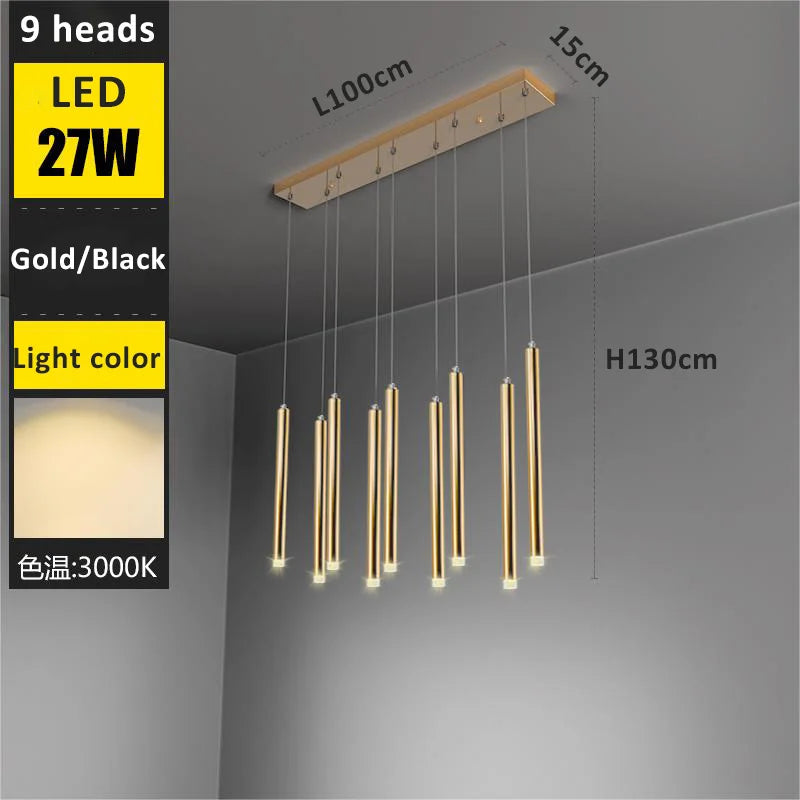 Golden Tube LED Chandelier for Modern Duplex Villa Living Room Staircase