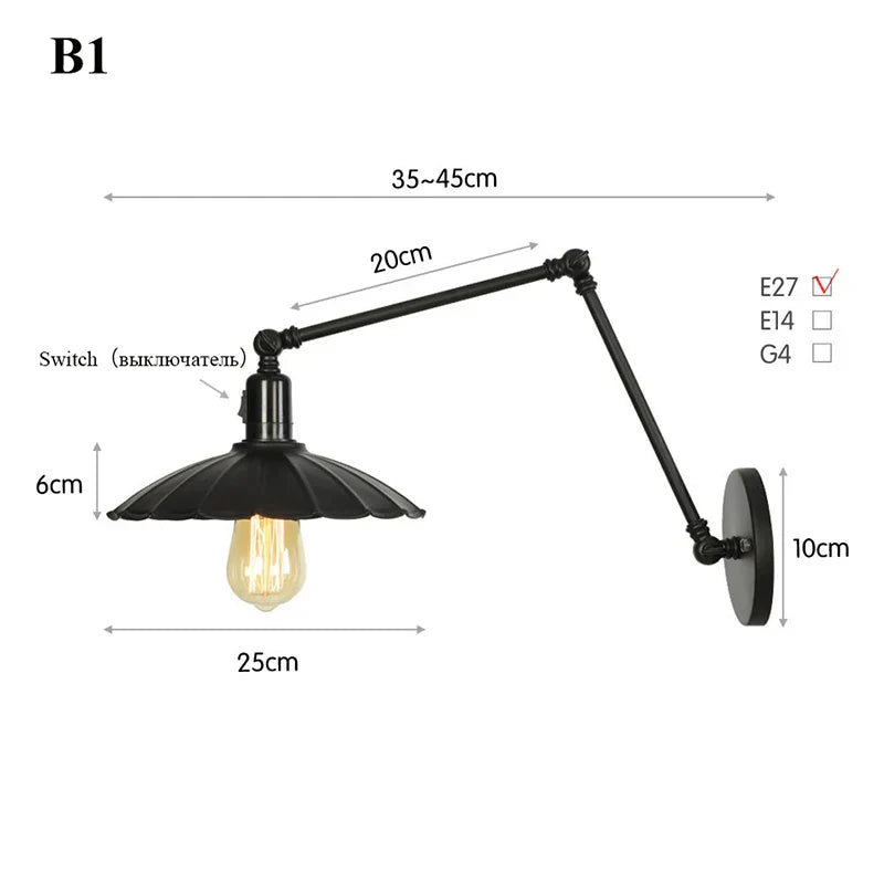 Retro Long Arm Bedside Wall Lamp with Switch - Black