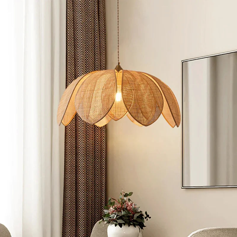 Handmade Rattan Petal Pendant Light with Chinese Style Design for Living & Dining Rooms
