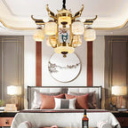 All Copper Jade Chandelier for Villa Living Room, Dining Room - Chinese Style Duplex Copper Lamp