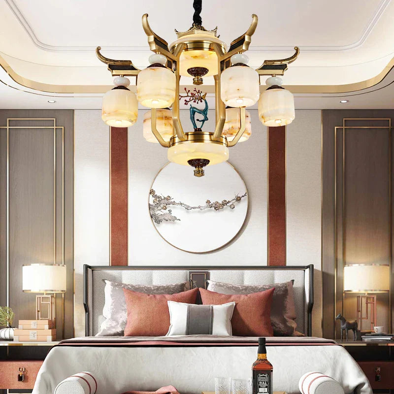 All Copper Jade Chandelier for Villa Living Room, Dining Room - Chinese Style Duplex Copper Lamp
