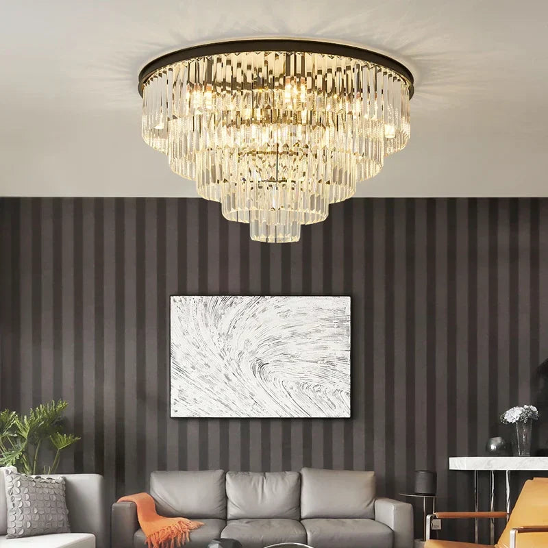 Black Gold Crystal Ceiling Chandelier: Modern LED Pendant Light for Luxe Living Spaces