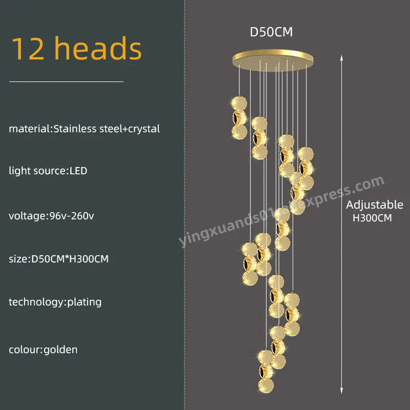 Gold Crystal Chandeliers LED Pendant Lamp for Modern Living Spaces