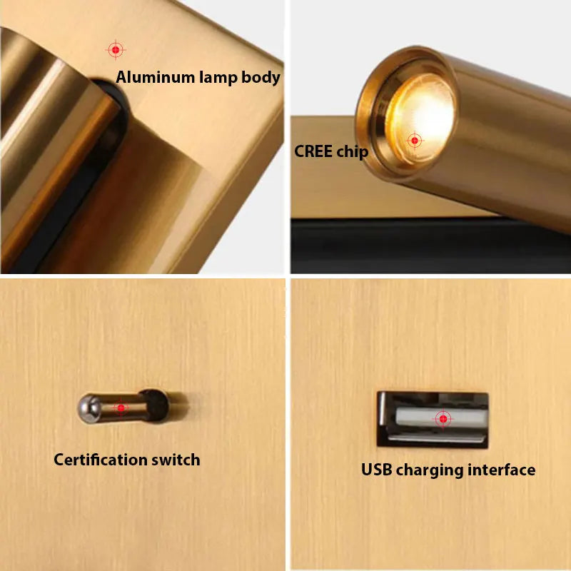 LED Wall Sconce Adjustable Reading Light for Hotel Bedroom, USB Charging