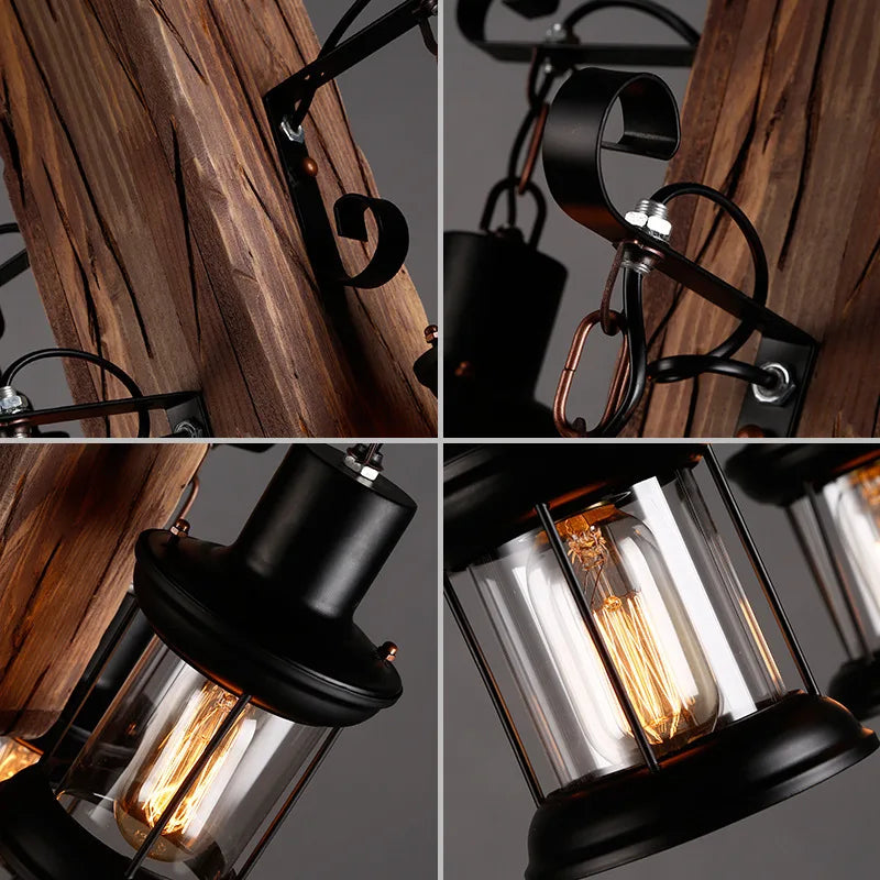 Retro Wood E27 LED Ceiling Chandelier - Industrial Vintage Pendant Lights