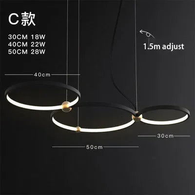 Black Gold Chandelier Creative Italian Design Light Metal LED Rings Circle