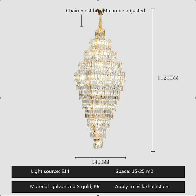 Crystal Large Chandelier for Villa Duplex Loft Stairs, Elegant Hall Pendant Light