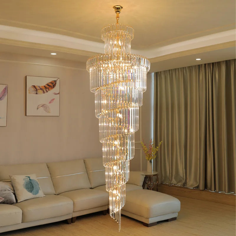 Crystal Spiral Chandelier | Elegant Long Pendant Light for Hotel Lobby & Sales Hall