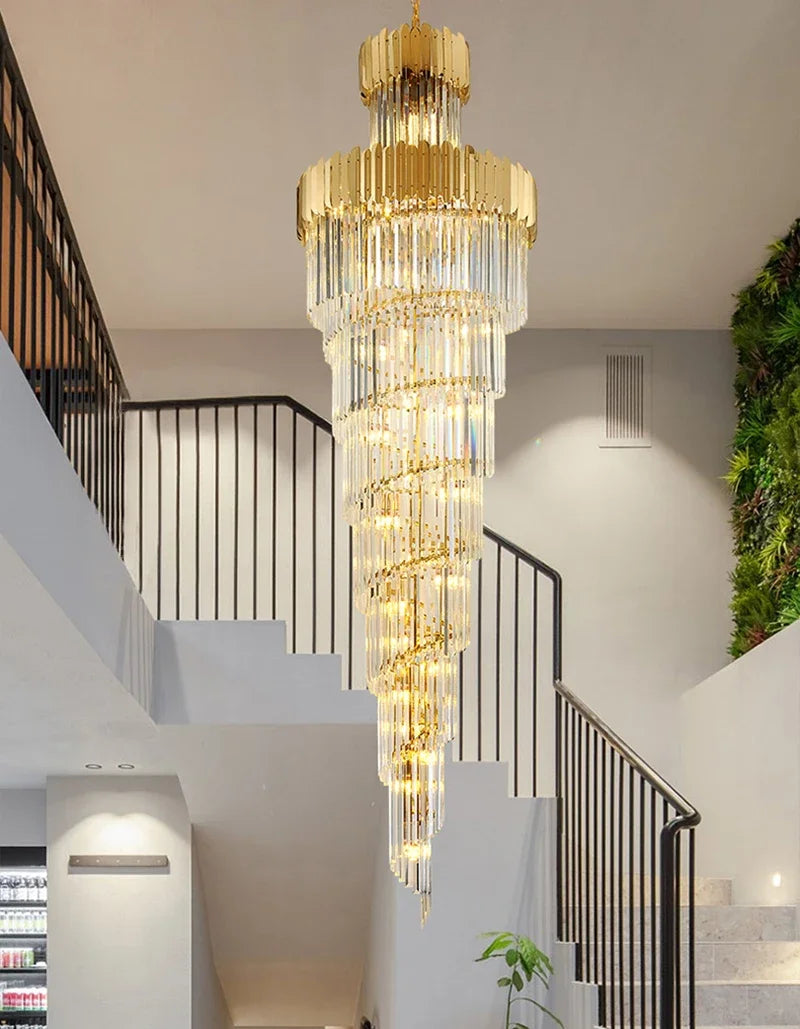 Golden Luxury Hotel Lobby Crystal Chandelier for Multi-Story Staircase Lighting