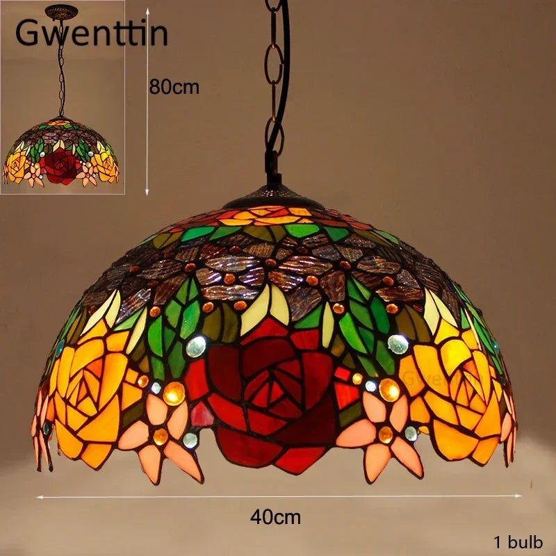 Mediterranean Tiffany Stained Glass Pendant Light Vintage Hanging Lamp Art Decor
