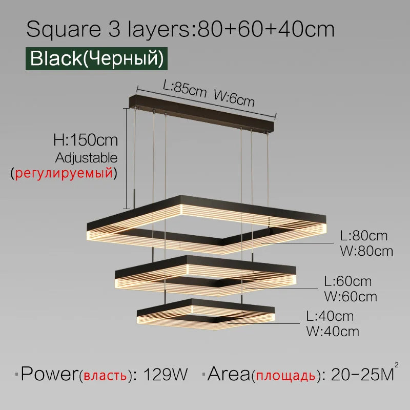 Square Modern Minimalist Nordic Chandelier for Living Room, Dining Room, Bedroom