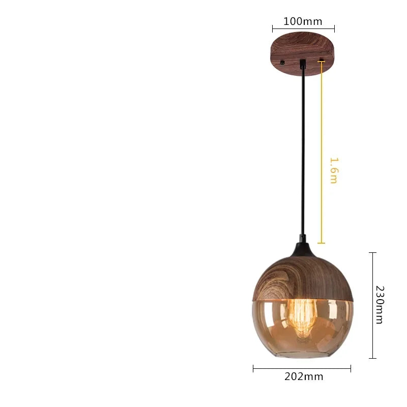 Wood Color Glass LED Pendant Light for Bedroom Dinning Living Room