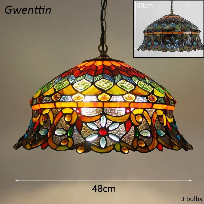 Mediterranean Tiffany Stained Glass Pendant Light Vintage Hanging Lamp Art Decor