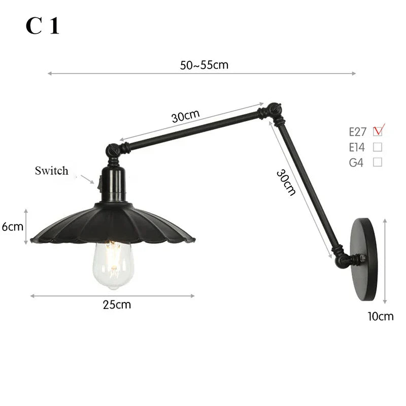 Retro Long Arm Bedside Wall Lamp with Switch - Black
