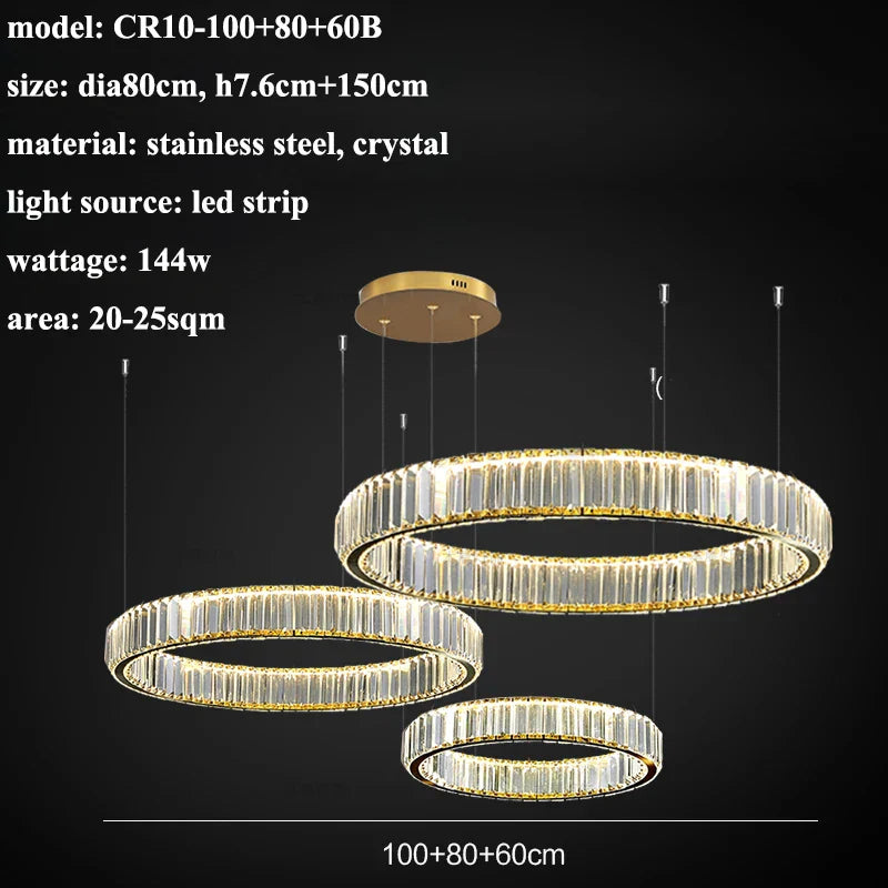 Luxury Steel Crystal Chandelier Dimmable LED Pendant Lights with Remote Control