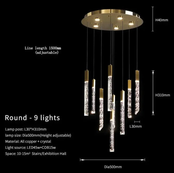Modern Loft Crystal Gold Chandelier for Staircase & Living Room