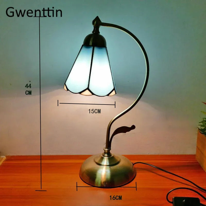 Mediterranean Tiffany Stained Glass Table Lamp LED Living Room Bedroom Vintage Fixtures