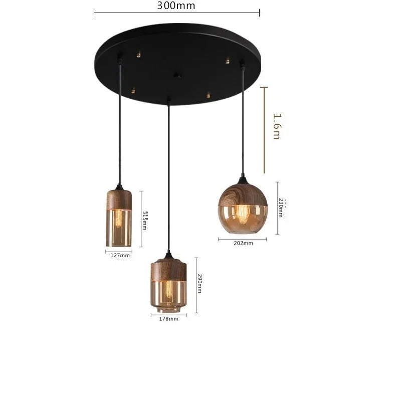 Wood Color Glass LED Pendant Light for Bedroom Dinning Living Room