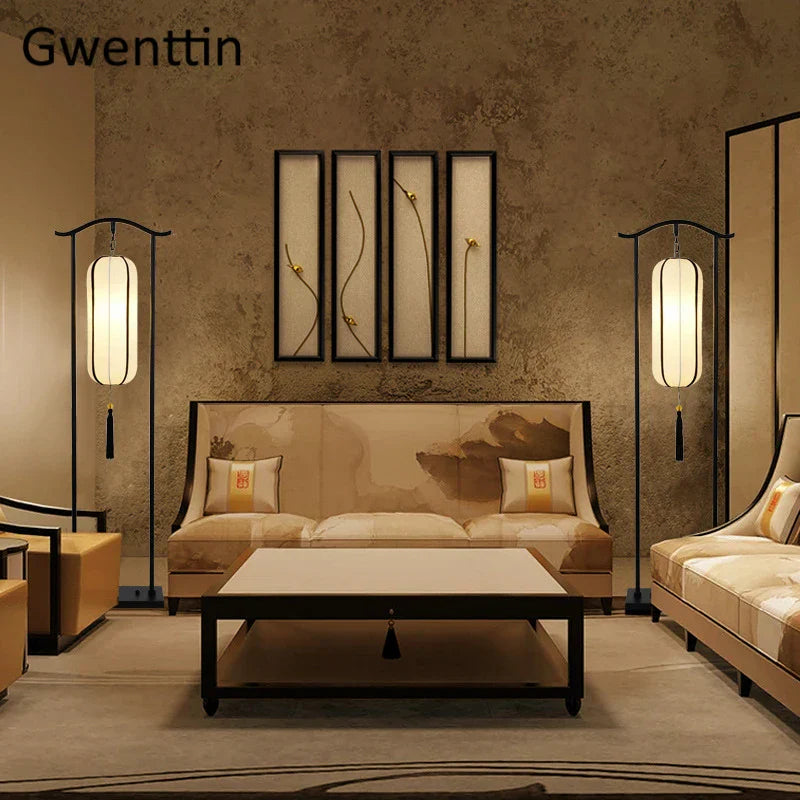 Classical Lantern Floor Lamp Fabric Standing Light for Living Room Bedroom Décor