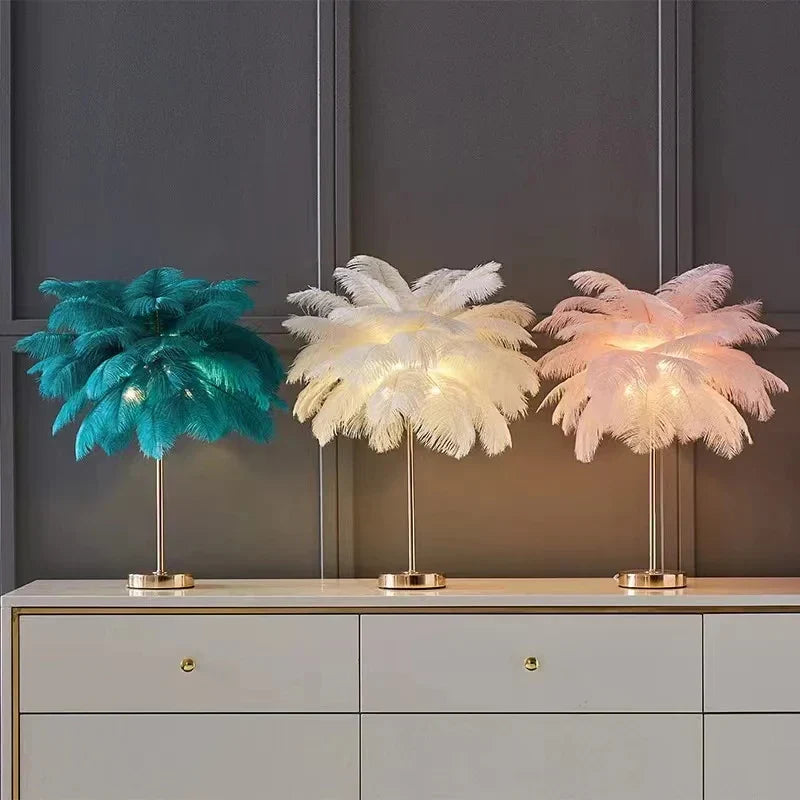 Nordic Feather Tree Lamp: Pink White Ostrich Feather Bedside Table Lamps