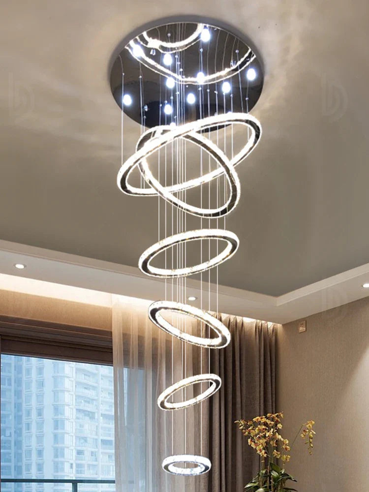 Chrome Rings Crystal Chandelier: Modern Luxury Staircase Lighting for Villa Lobby Fixtures