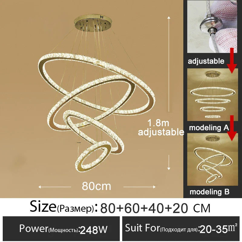 Gold Gloss LED Crystal Ring Chandelier for Modern Luxury Living Room