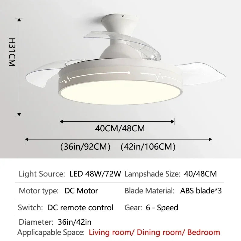 White Ceiling Fan Light with Hidden Fan, Remote Control for Bedroom and Restaurant