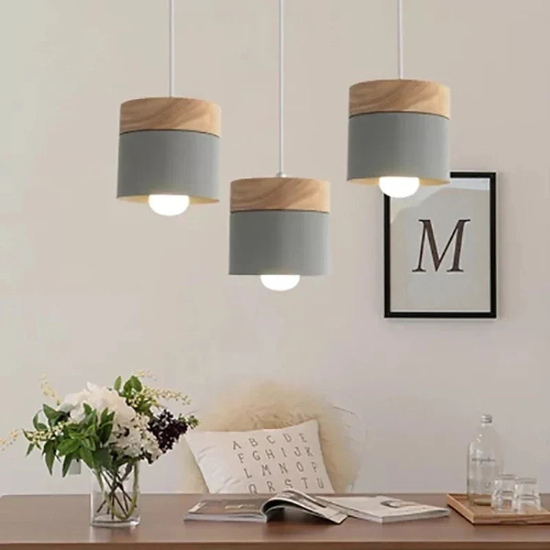 Wood Iron Pendant Lights: Modern Nordic Colorful Minimalist LED Hanging Lamps