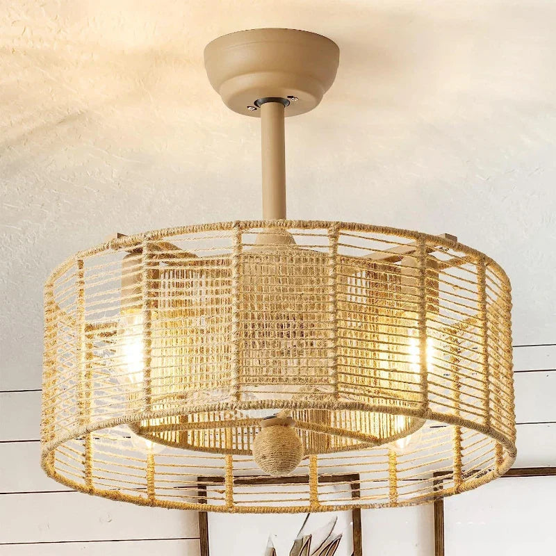Braided Rope Lantern Ceiling Fan Light: Reversible, Dimmable, 6-Speed Home Decor