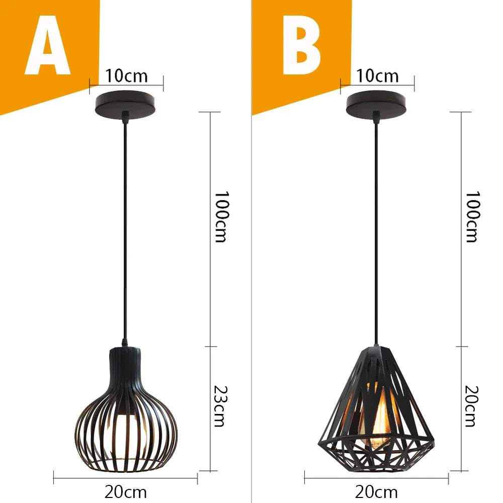 Black Metal Cage Pendant Light - Vintage Industrial Loft Kitchen Lighting