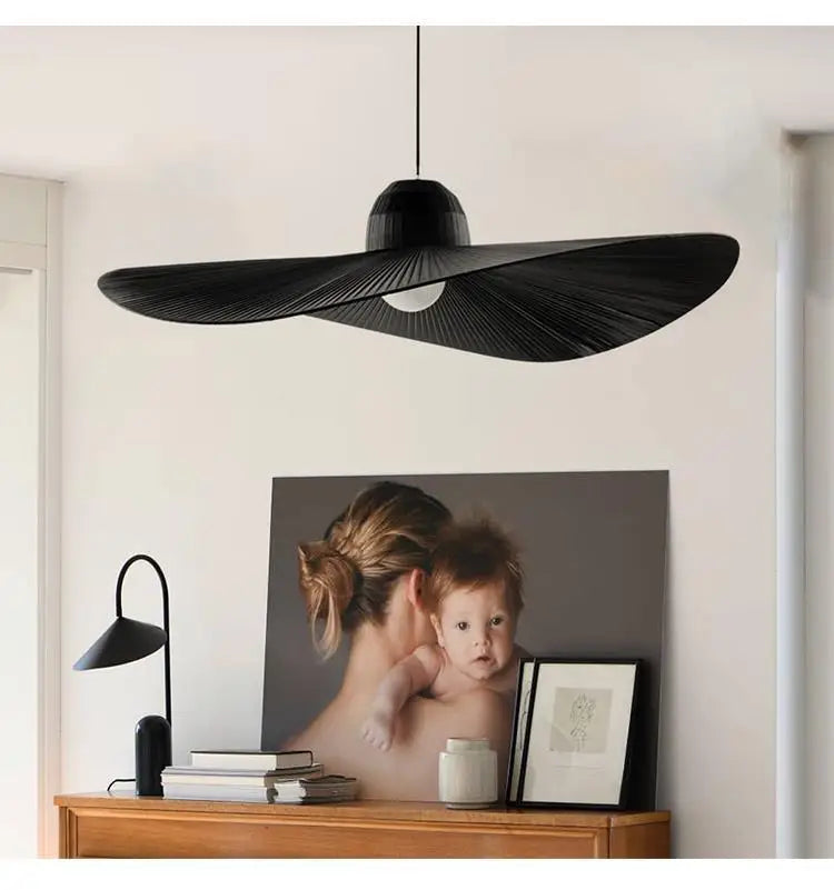 Designer Fabric Hat Chandelier, White & Black LED Pendant Lamp for Living Room