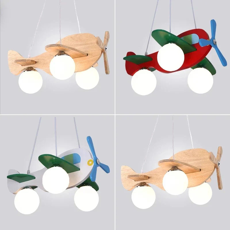 Wooden Airplane Chandelier for Boy's Room & Kindergarten - Creative & Modern Cartoon Lights